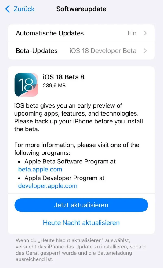 独山子苹果手机维修分享苹果 iOS / iPadOS 18 开发者预览版 Beta 8 发布 